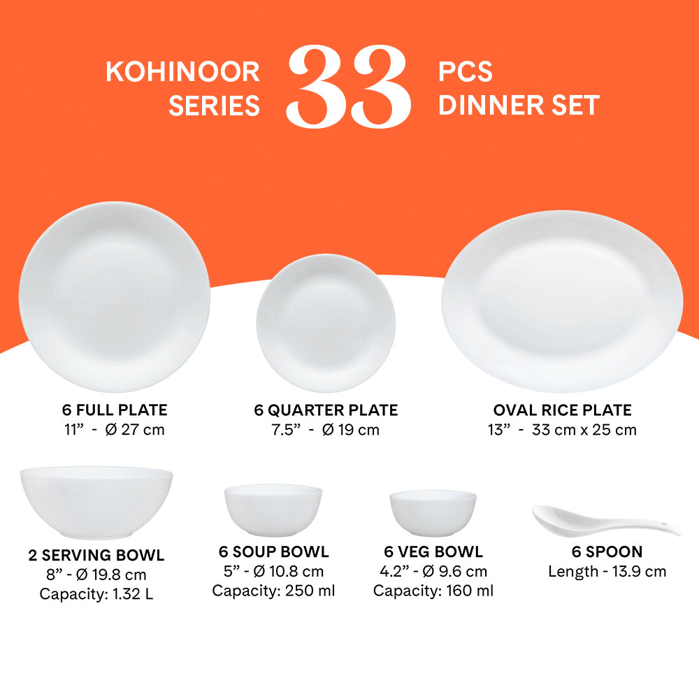 Larah by Borosil - Vatika Kohinoor Series Opalware Dinner Set | Set of 33 Pcs