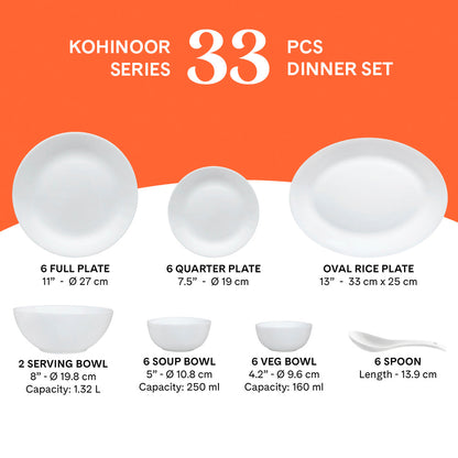 Larah by Borosil - Vatika Kohinoor Series Opalware Dinner Set | Set of 33 Pcs