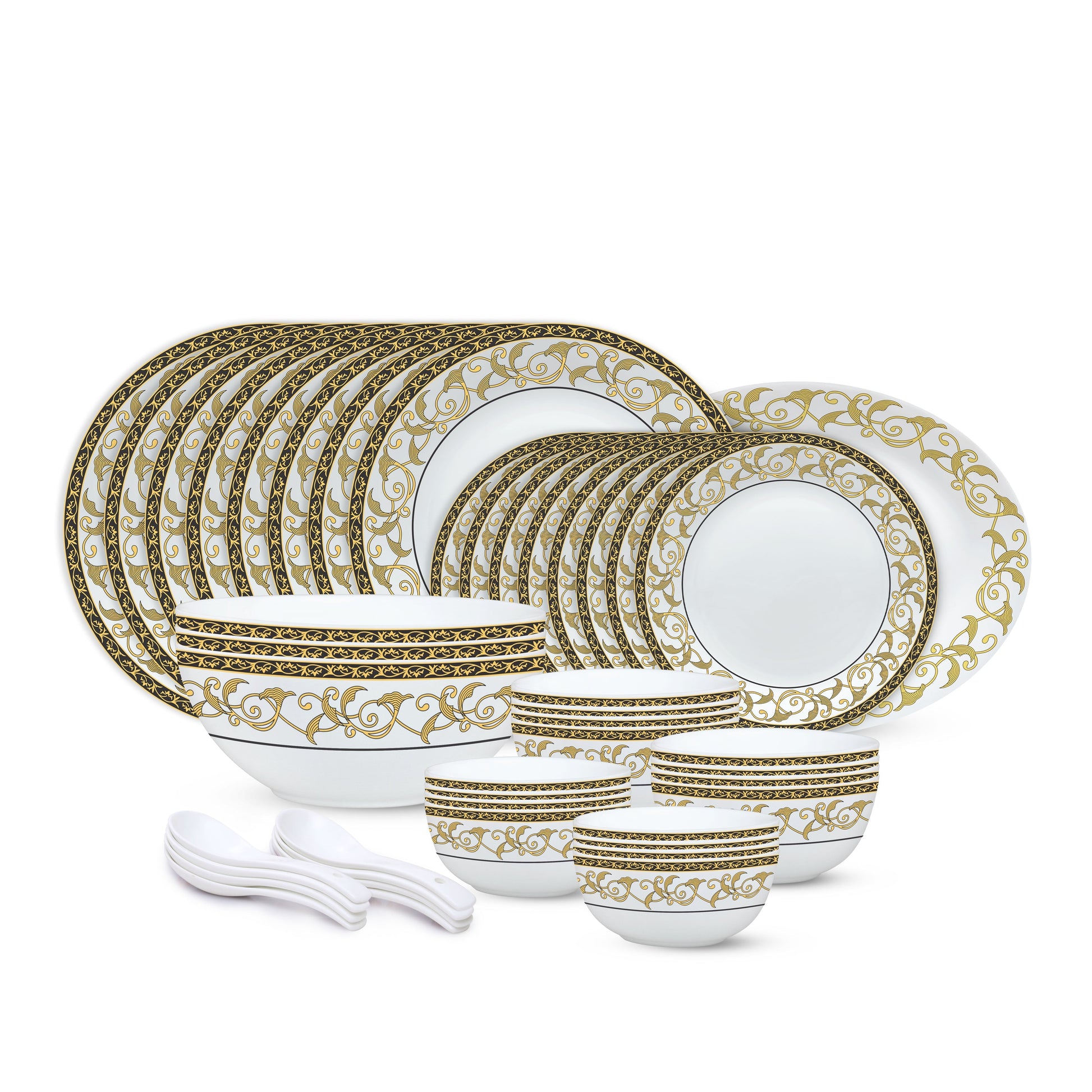 Larah by Borosil - Royale Kohinoor Series Opalware Dinner Set | Set of 33 Pcs