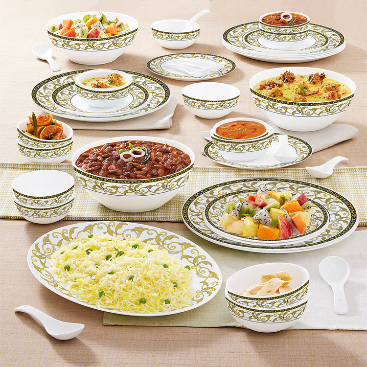 Larah by Borosil - Royale Kohinoor Series Opalware Dinner Set | Set of 33 Pcs