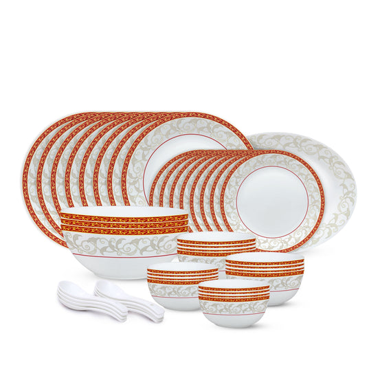 Larah by Borosil - Ragina Kohinoor Series Opalware Dinner Set | Set of 33 Pcs