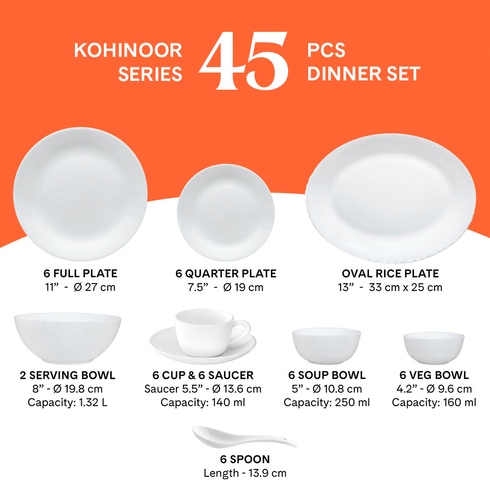 Larah by Borosil - Vatika Kohinoor Series Opalware Dinner Set | Set of 45 Pcs