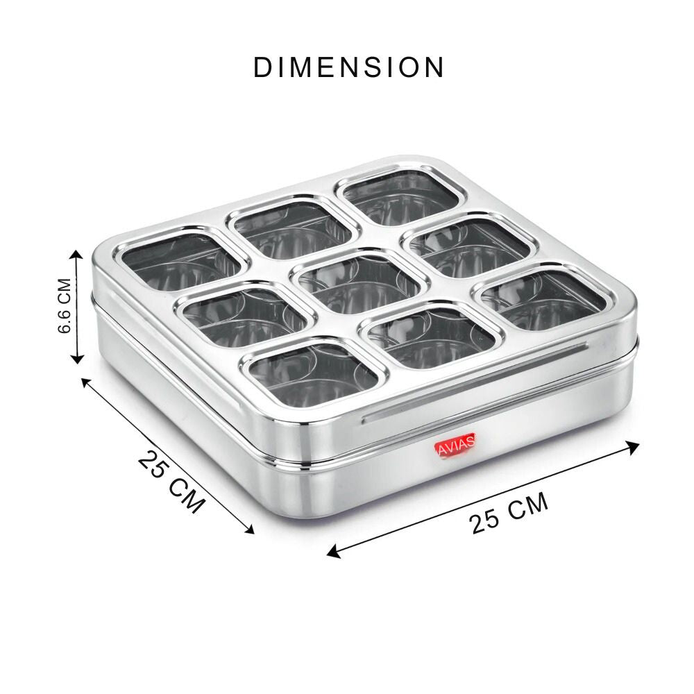 एवीआईएएस स्टेनलेस स्टील मसाला बॉक्स पारदर्शी ढक्कन के साथ | 9 डिब्बे और 1 चम्मच | सिल्वर