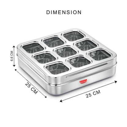 AVIAS Stainless Steel Spice Box with See-Through Lid | 9 Compartments and 1 Spoon | Silver