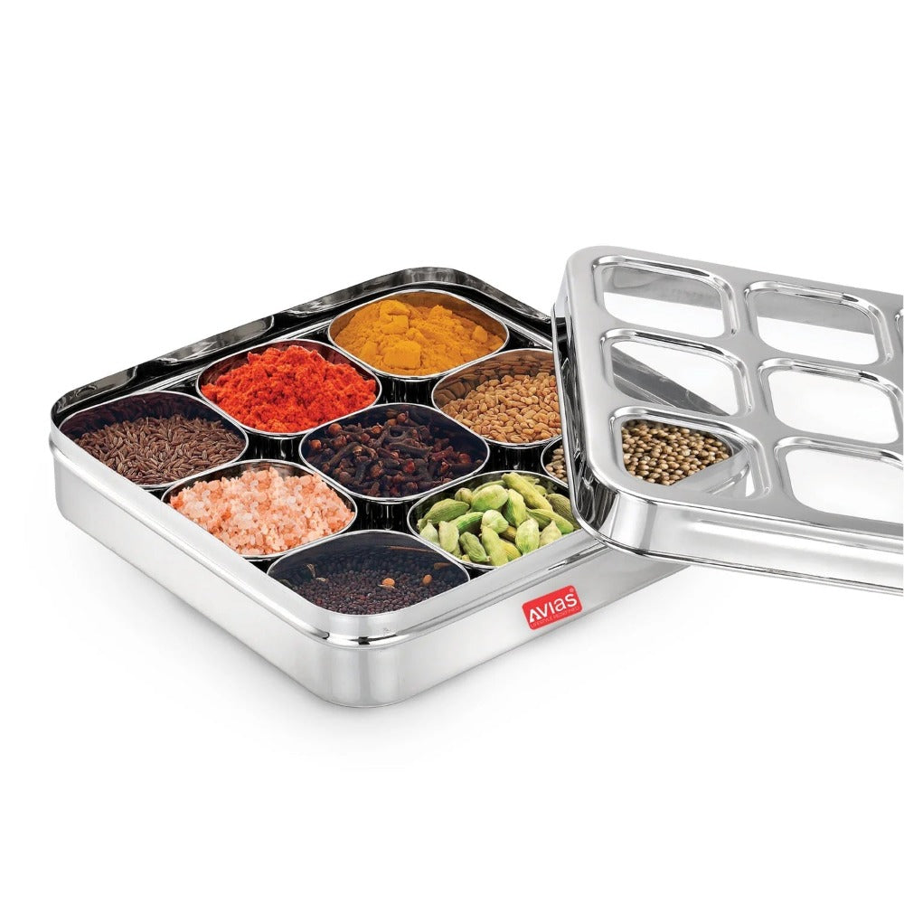 AVIAS Stainless Steel Dry Fruit Cum Spice Box With 9 Square Compartments - 3