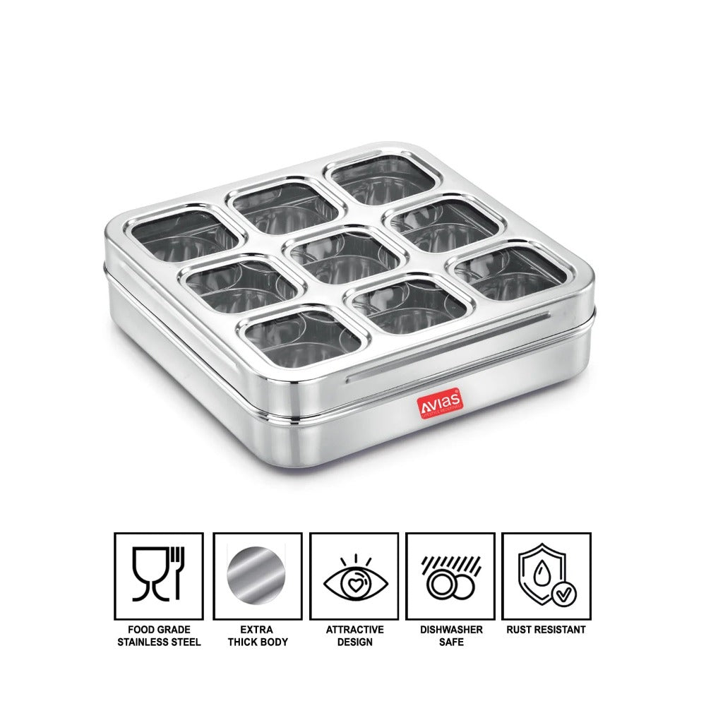 AVIAS Stainless Steel Dry Fruit Cum Spice Box With 9 Square Compartments - 4