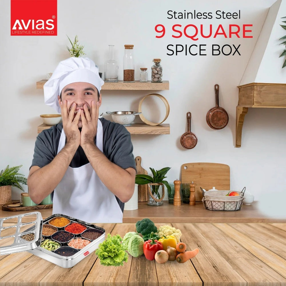 AVIAS Stainless Steel Dry Fruit Cum Spice Box With 9 Square Compartments - 7