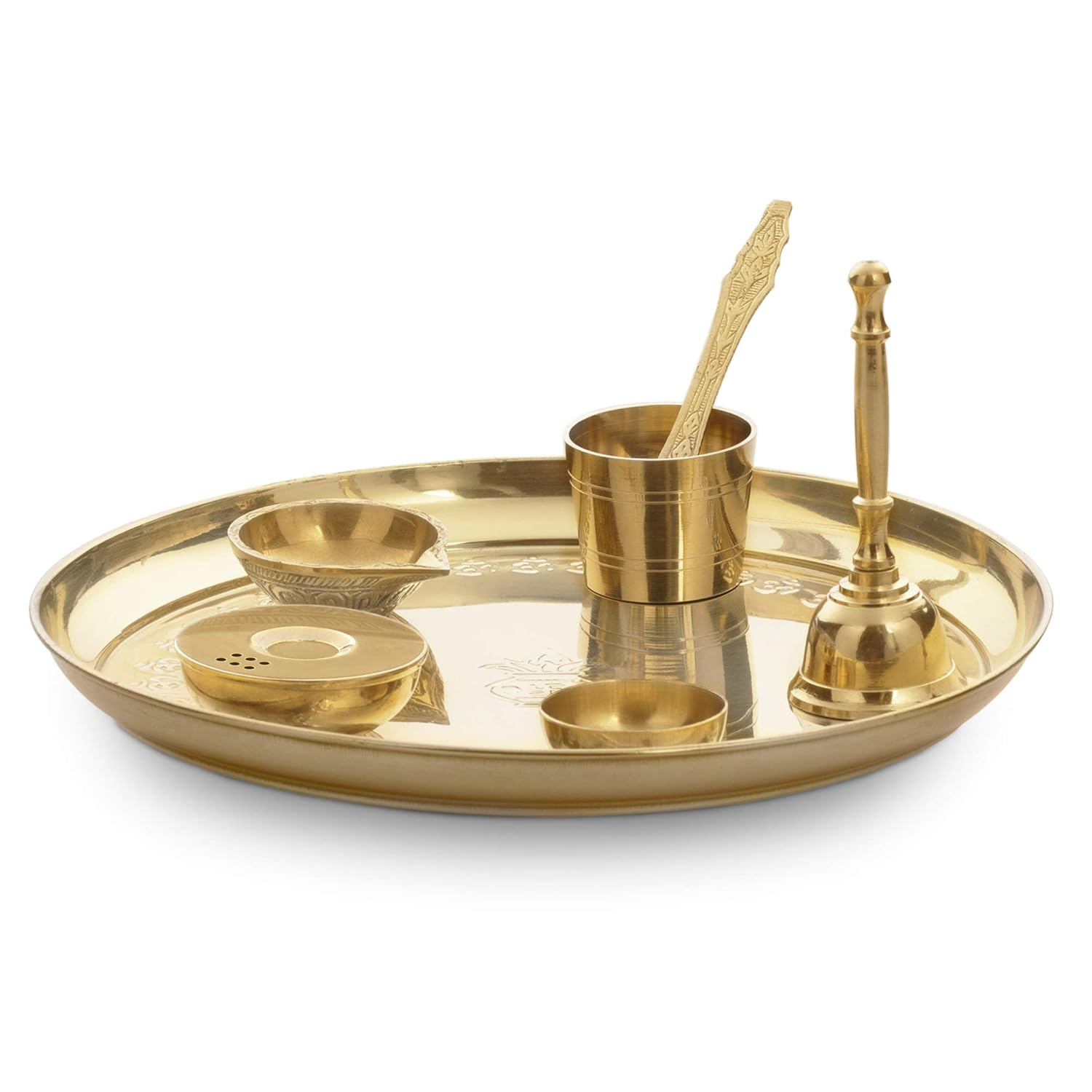 Borosil Brass Puja Thali Set | Aarti Thali for Mandir | Pooja Thali with Diya, Aggarbati Stand, Spoon, Glass, Bowl, and Bell | Decorative Puja Plate |Set of  7 Pcs