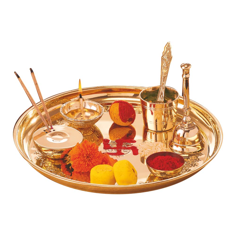 Borosil Brass Puja Thali Set | Aarti Thali for Mandir | Pooja Thali with Diya, Aggarbati Stand, Spoon, Glass, Bowl, and Bell | Decorative Puja Plate |Set of  7 Pcs