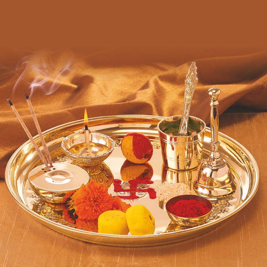 Borosil Brass Puja Thali Set | Aarti Thali for Mandir | Pooja Thali with Diya, Aggarbati Stand, Spoon, Glass, Bowl, and Bell | Decorative Puja Plate |Set of  7 Pcs