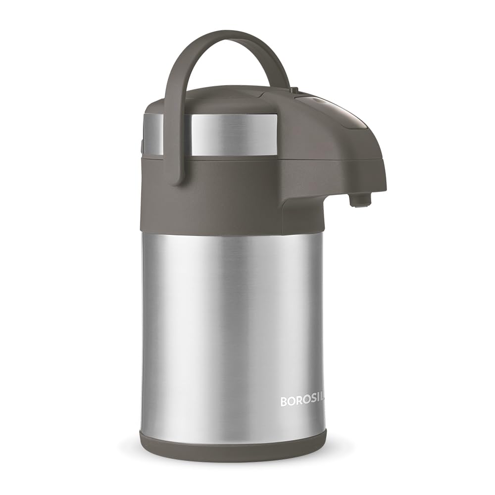 Borosil  3-Liter Airpot Insulated Flask | Beverage Dispenser for Serving Tea & Coffee |24 hrs Hot and Cold | Water Jug  Silver from RasoiShop