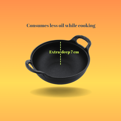 Trilonium Triple Seasoned Cast Iron CrockWok Kadhai | Gas & Induction Compatible | Black