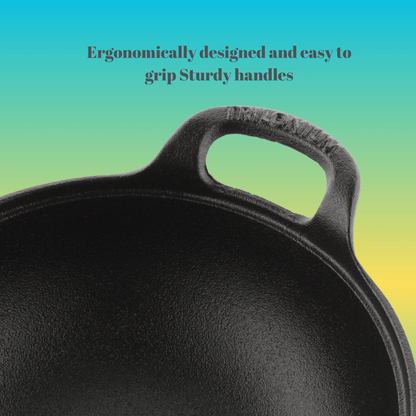 Trilonium Triple Seasoned Cast Iron CrockWok Kadhai | Gas & Induction Compatible | Black