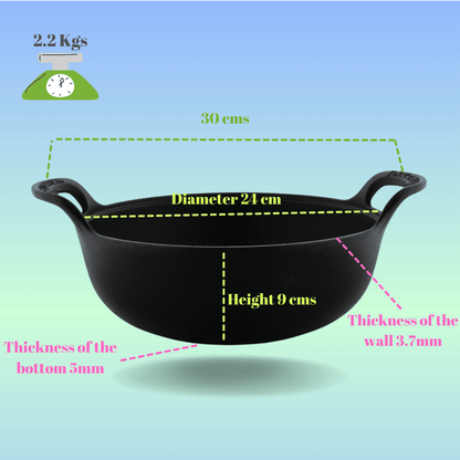 Trilonium Triple Seasoned Cast Iron CrockWok Kadhai | Gas & Induction Compatible | Black