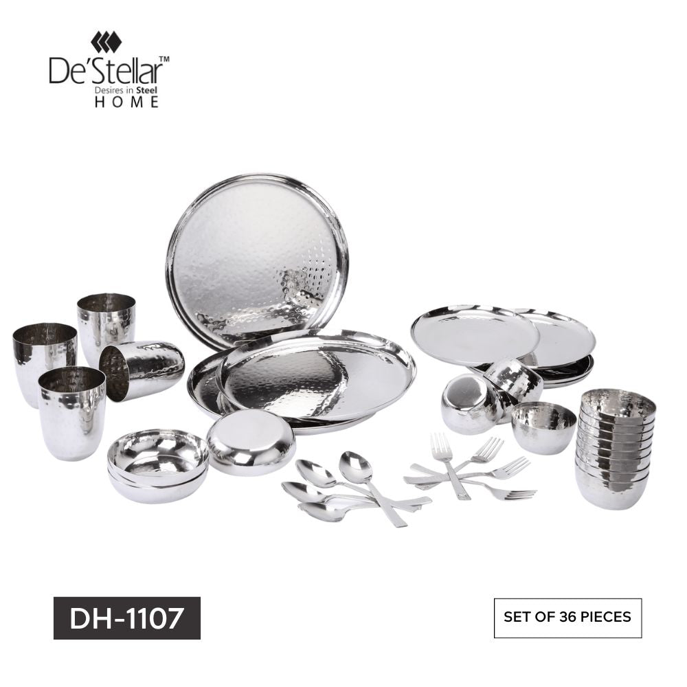 DeStellar Stainless Steel Hammered Solitaire Four Dinner Set - 7