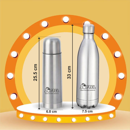 Softel Dual Delight Bottle and Flask Set - Softel Stainless Steel 1000 ML Vacuum Bottle + Softel Thermosteel 500ml Vacuum Flask - 2