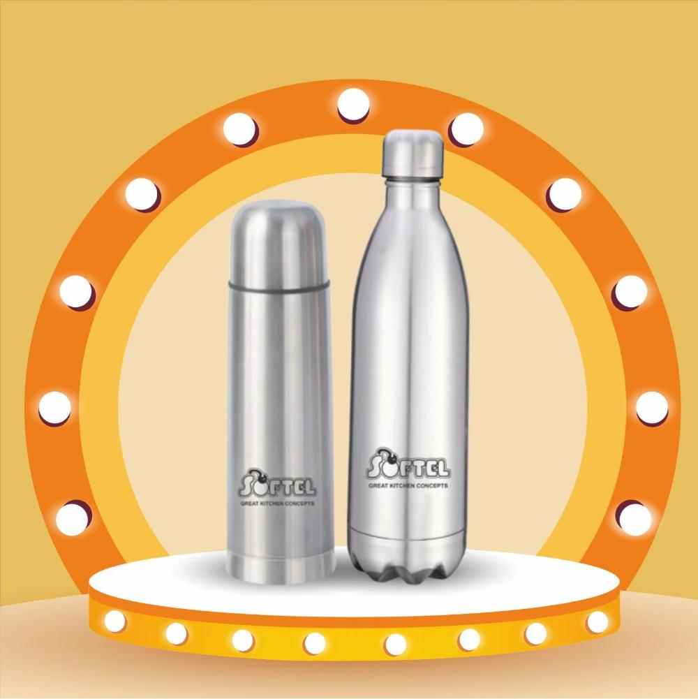 Softel Dual Delight Bottle and Flask Set - Softel Stainless Steel 1000 ML Vacuum Bottle + Softel Thermosteel 500ml Vacuum Flask - 1