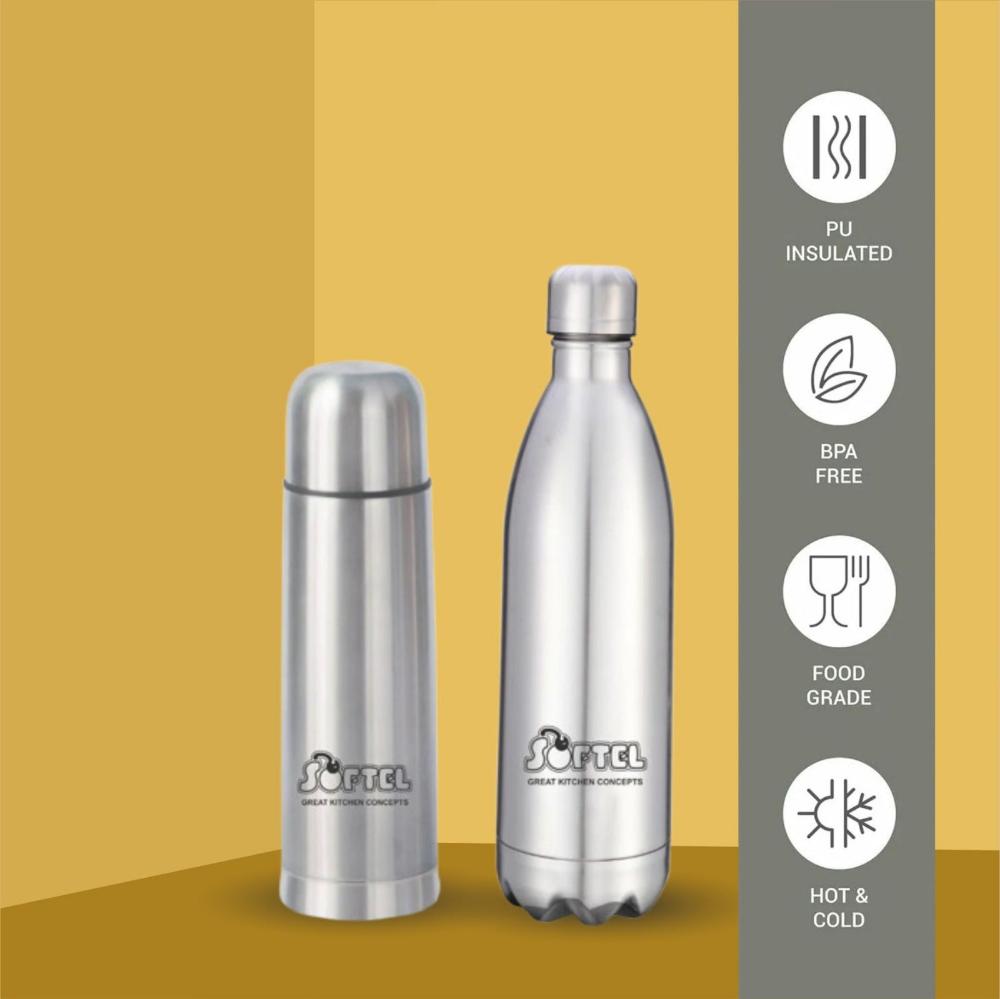 Softel Dual Delight Bottle and Flask Set - Softel Stainless Steel 1000 ML Vacuum Bottle + Softel Thermosteel 500ml Vacuum Flask - 4