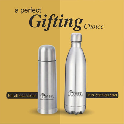 Softel Dual Delight Bottle and Flask Set - Softel Stainless Steel 1000 ML Vacuum Bottle + Softel Thermosteel 500ml Vacuum Flask - 3