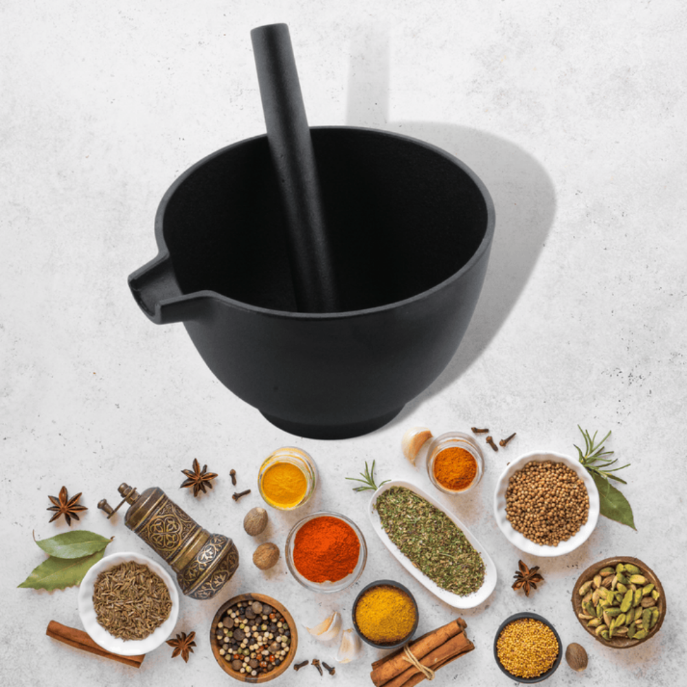 Trilonium Pre-Seasoned Cast Iron Khal batta | Mortar and Pestle - Herbs and spice masher | Black