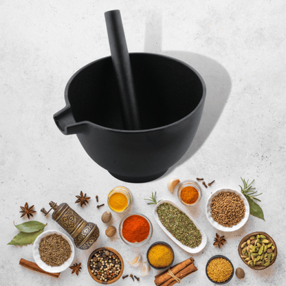 Trilonium Pre-Seasoned Cast Iron Khal batta | Mortar and Pestle - Herbs and spice masher | Black