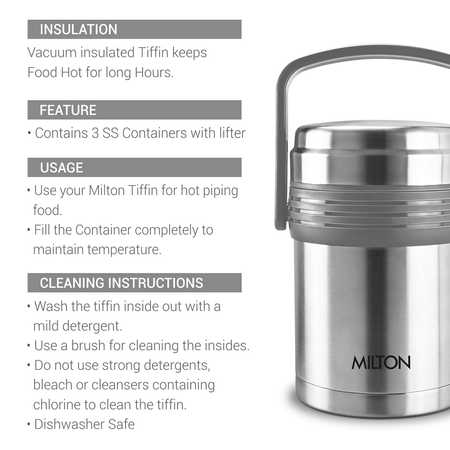 Milton Opus Stainless Steel Tiffin Box | Silver & Black