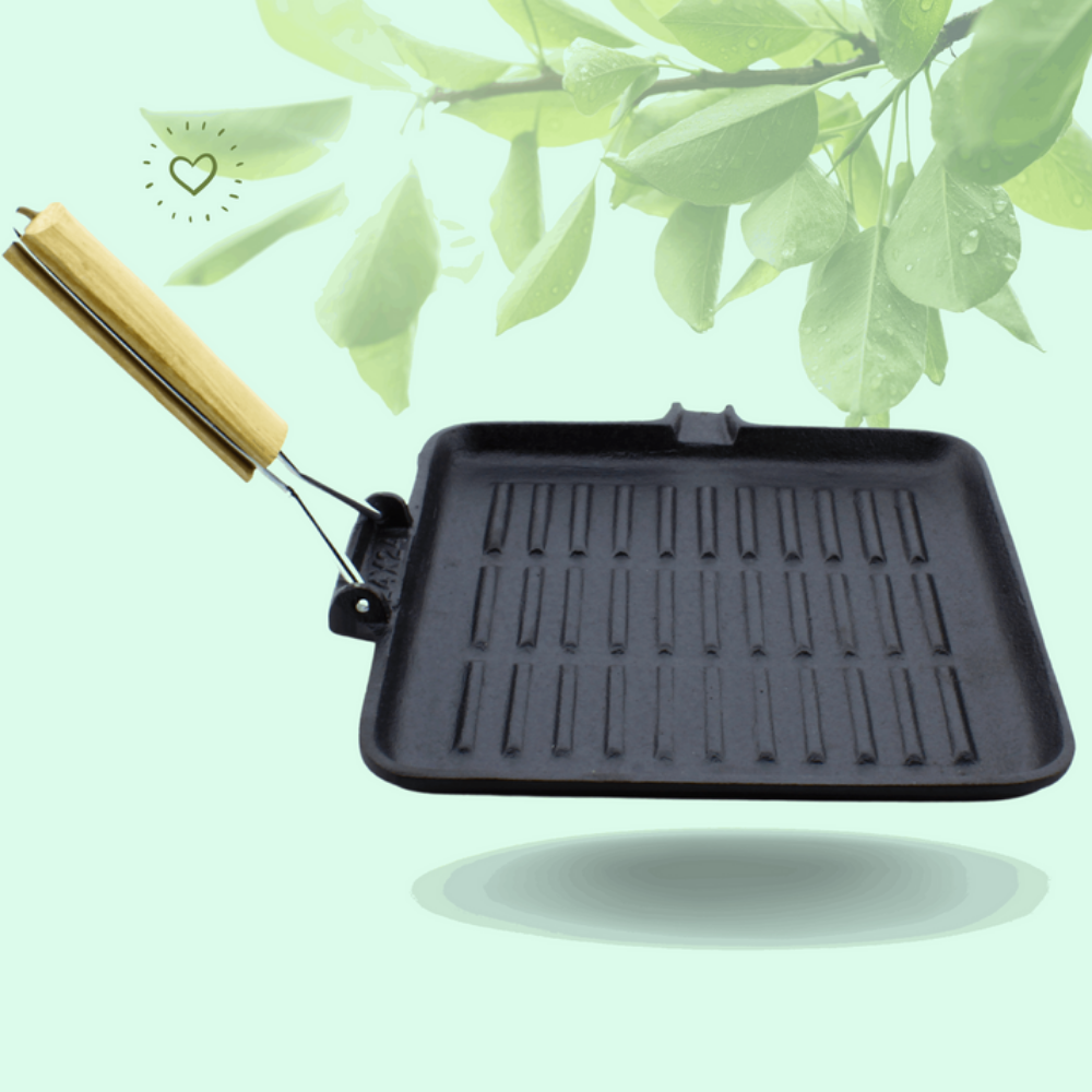 Trilonium Pre-Seasoned Cast Iron Square Grill Pan with Foldable Handle | Gas & Induction Compatible | Black - 12