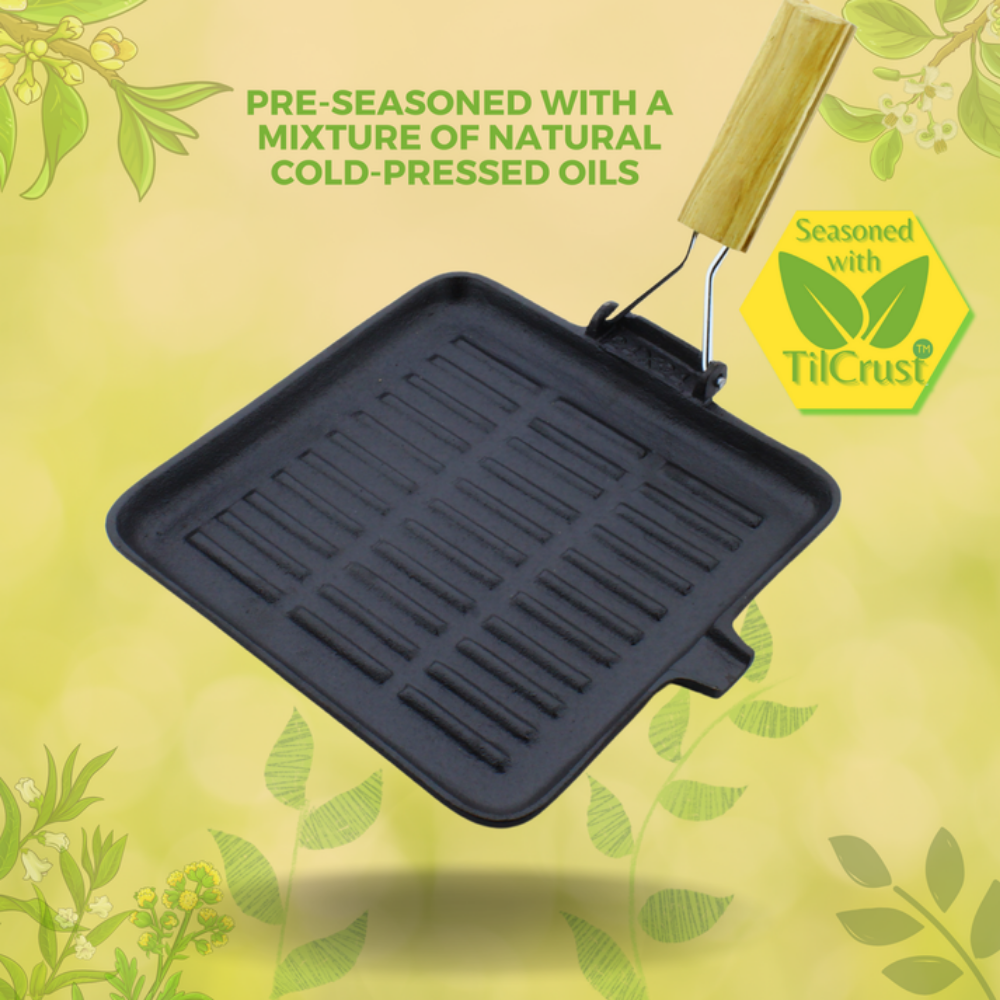 Trilonium Pre-Seasoned Cast Iron Square Grill Pan with Foldable Handle | Gas & Induction Compatible | Black - 9