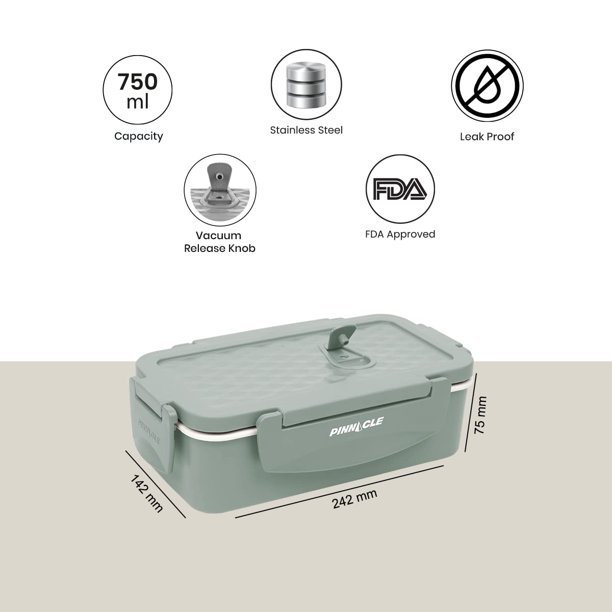 Pinnacle Petra Stainless Steel Insulated Lunch Box Set | 750 ML with 200 ML Container | Vacuum Release Knob, Airtight Lid | Ideal for School, Office & Gifting