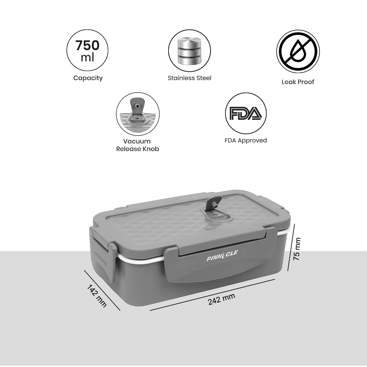 Pinnacle Petra Stainless Steel Insulated Lunch Box Set | 750 ML with 200 ML Container | Vacuum Release Knob, Airtight Lid | Ideal for School, Office & Gifting