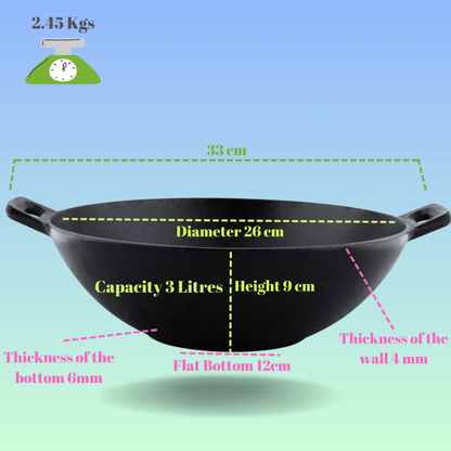 Trilonium Triple Seasoned Cast Iron Kadai 26 cm, Sleek | Gas & Induction Compatible | Black - 2