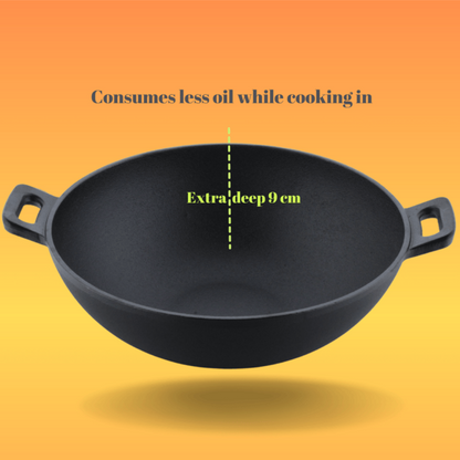 Trilonium Triple Seasoned Cast Iron Kadai 26 cm, Sleek | Gas & Induction Compatible | Black - 4