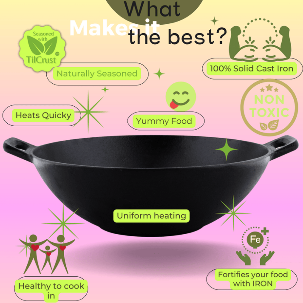 Trilonium Triple Seasoned Cast Iron Kadai 26 cm, Sleek | Gas & Induction Compatible | Black -  8