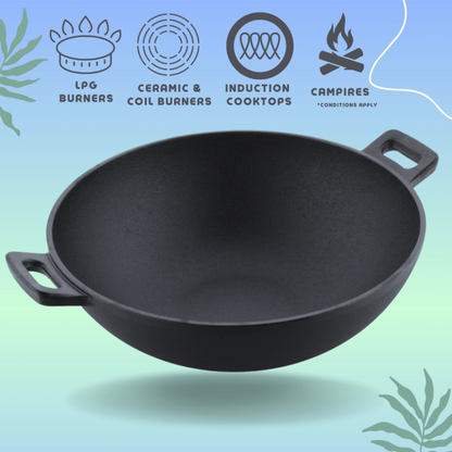 Trilonium Triple Seasoned Cast Iron Kadai 26 cm, Sleek | Gas & Induction Compatible | Black - 9