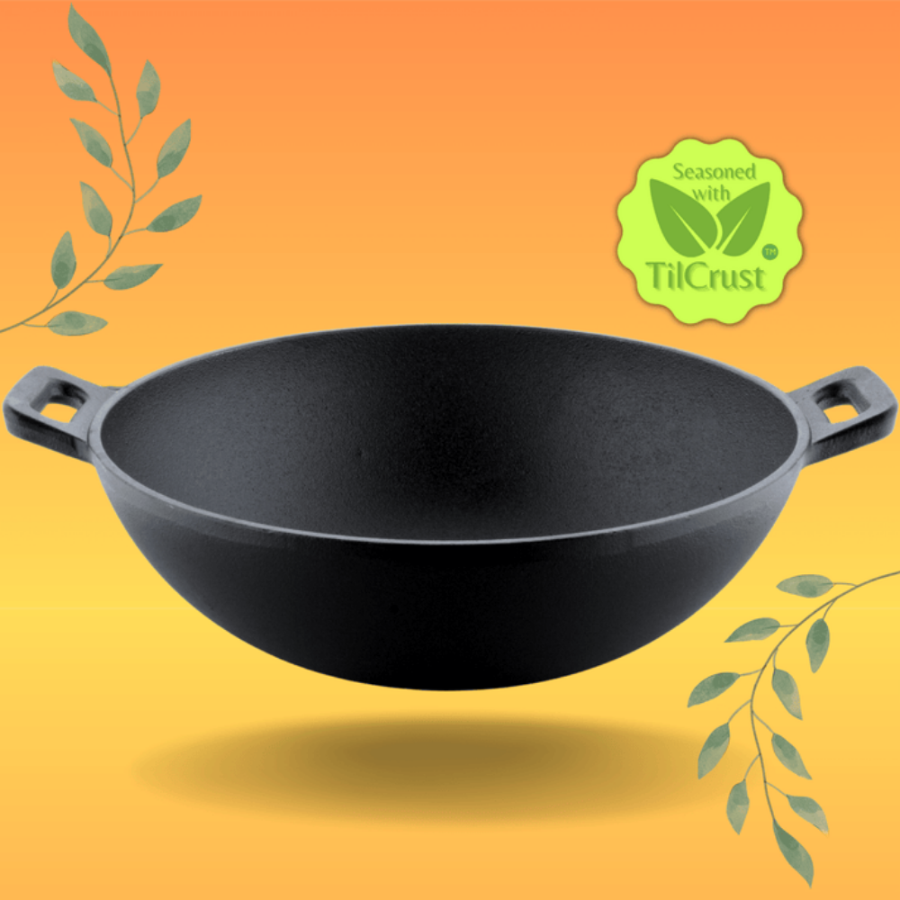 Trilonium Triple Seasoned Cast Iron Kadai 26 cm, Sleek | Gas & Induction Compatible | Black - 1