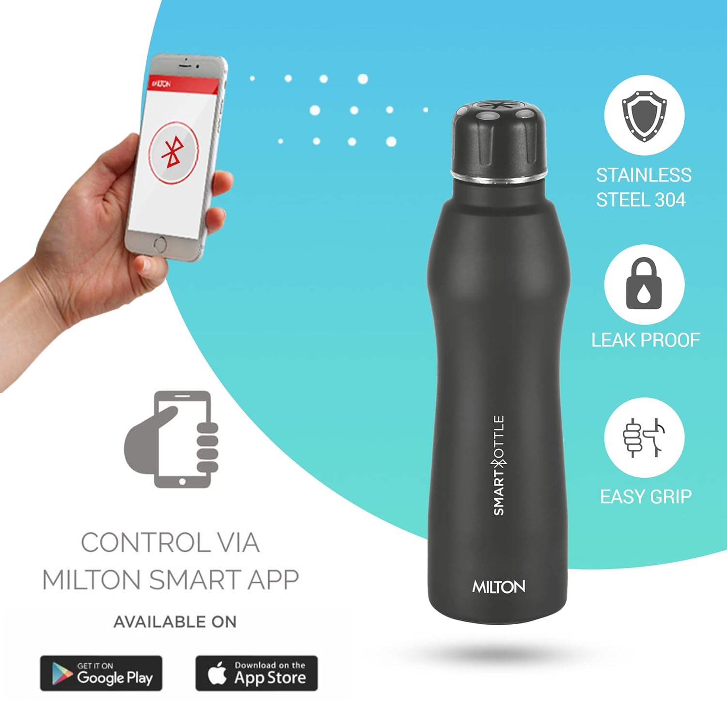 Milton Euroline Smart Stainless Steel Water Bottle | Mobile Hydration System | Bluetooth Enabled | Black | 1 Pc