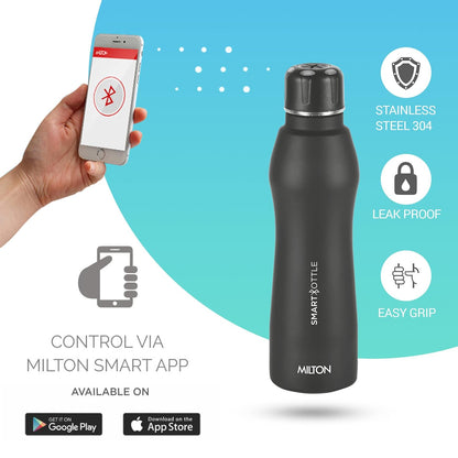 Milton Euroline Smart Stainless Steel Water Bottle | Mobile Hydration System | Bluetooth Enabled | Black | 1 Pc