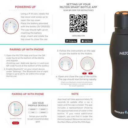 Milton Euroline Smart Stainless Steel Water Bottle | Mobile Hydration System | Bluetooth Enabled | Black | 1 Pc