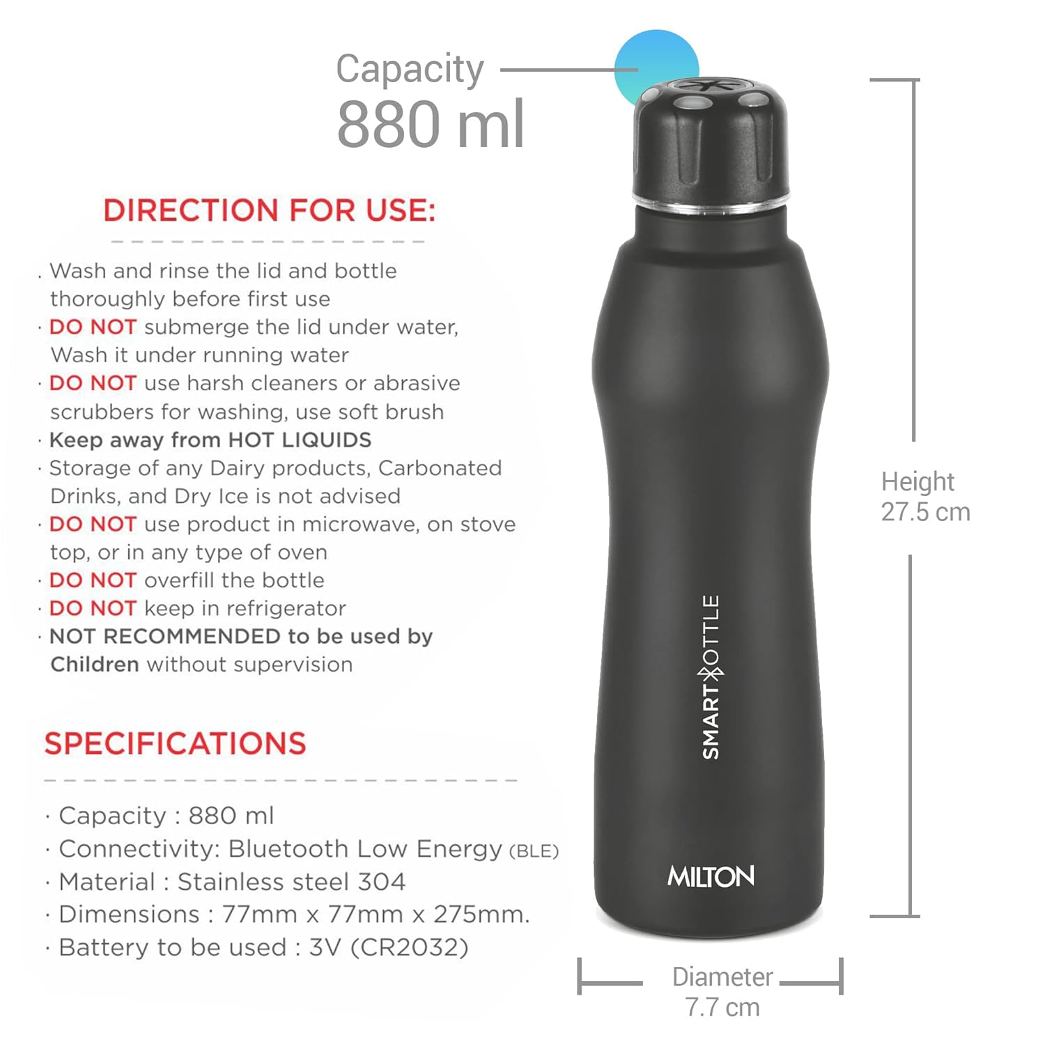 Milton Euroline Smart Stainless Steel Water Bottle | Mobile Hydration System | Bluetooth Enabled | Black | 1 Pc