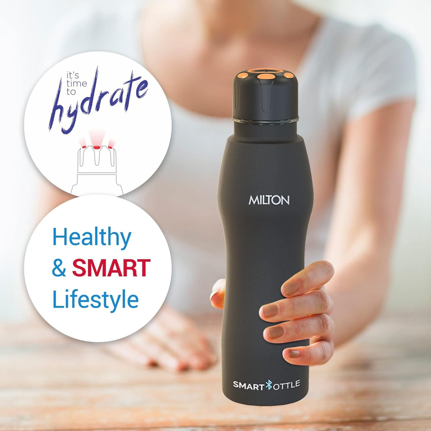 Milton Euroline Smart Stainless Steel Water Bottle | Mobile Hydration System | Bluetooth Enabled | Black | 1 Pc