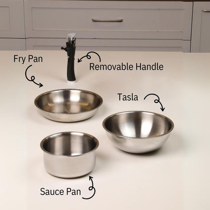 Softel Tri-Ply Cookware Combo with Removable Handle (20 cm Tasla + 22 cm Fry Pan + 1 Litre Sauce Pan + Removable Handle) | Gas & Induction Compatible | Set of 4 Pcs