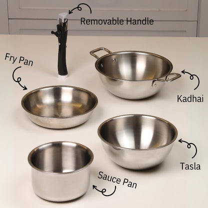 Softel Tri-Ply Cookware Combo with Removable Handle (Tasla + Fry Pan + Kadhai + Sauce Pan + Removable Handle) | Gas & Induction Compatible | Set of 5 Pcs