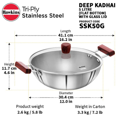 Hawkins Tri-Ply Stainless Steel Shielded Nonstick Deep Kadhai with Glass Lid | Gas & Induction Compatible | Silver