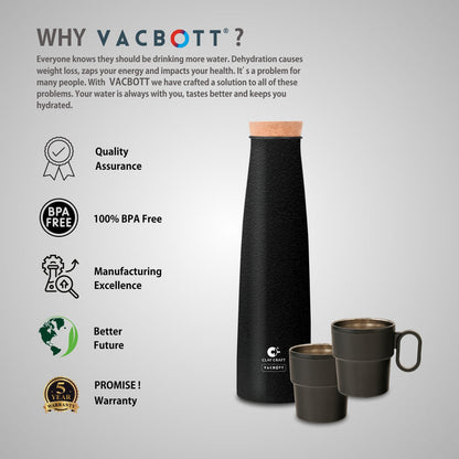 Vacbott Crest Combo Set Single Walled Non Insulated Water Bottle with Single Walled Victor Mug (2 Pcs) | Set of 3 Pcs