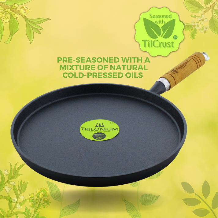 Trilonium Triple Seasoned Cast Iron Tawa | Gas & Induction Compatible | Black