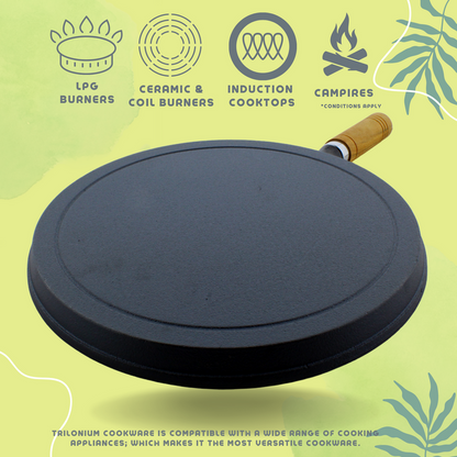 Trilonium Triple Seasoned Cast Iron Tawa | Gas & Induction Compatible | Black