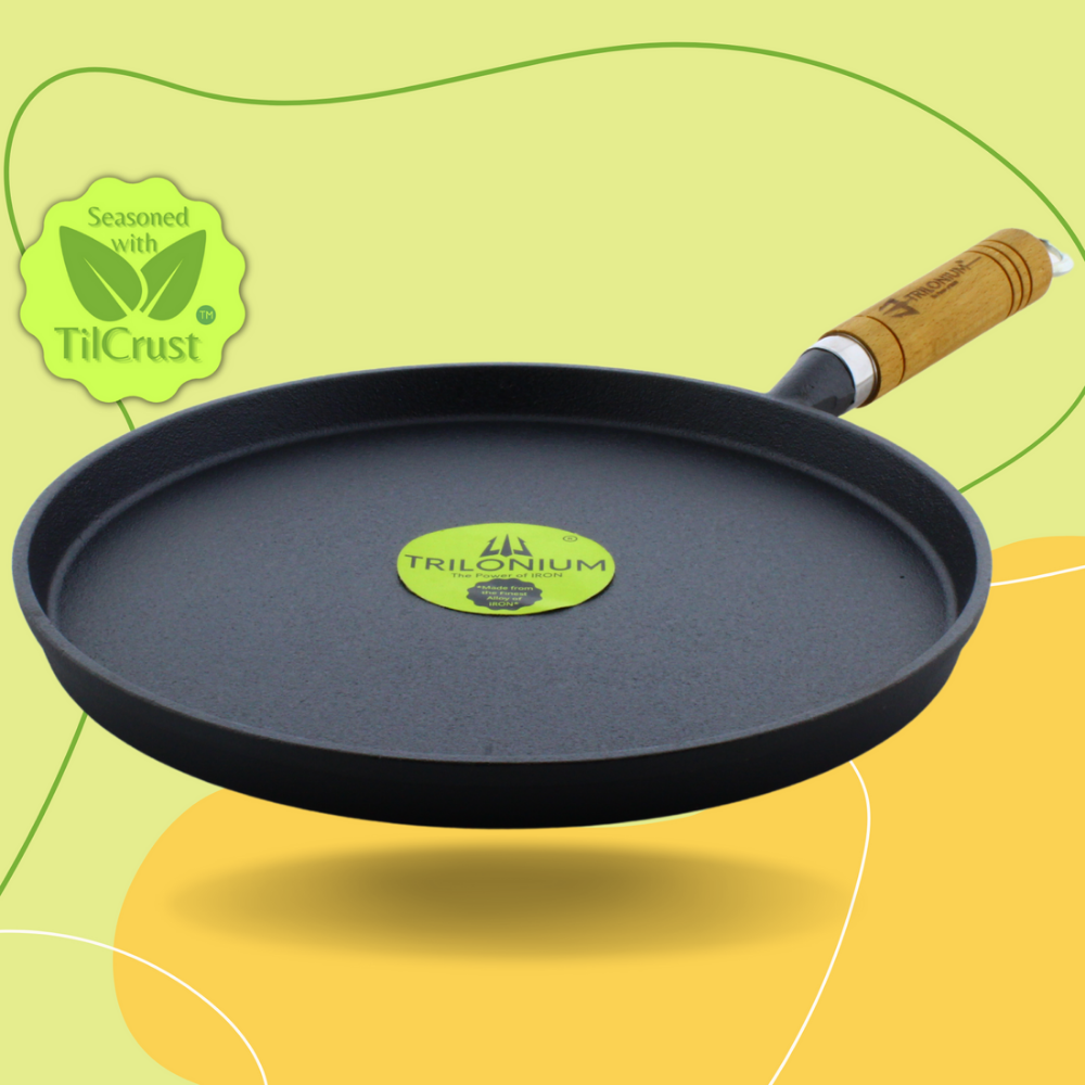 Trilonium Triple Seasoned Cast Iron Tawa | Gas & Induction Compatible | Black