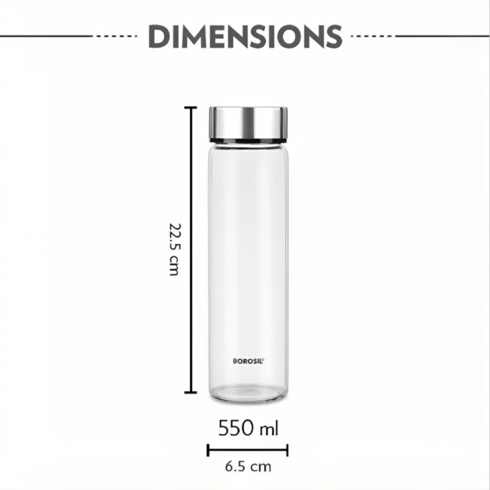 बोरोसिल निओ स्लिम 550 एमएल बोरोसिलिकेट काचेची बाटली स्टेनलेस स्टीलच्या झाकणासह | 1 पीसी | चांदी किंवा काळा झाकण