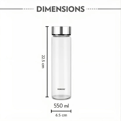स्टेनलेस स्टील ढक्कन के साथ बोरोसिल नियो स्लिम 550 एमएल बोरोसिलिकेट ग्लास बोतल | 1 पीसी | चाँदी या काला ढक्कन