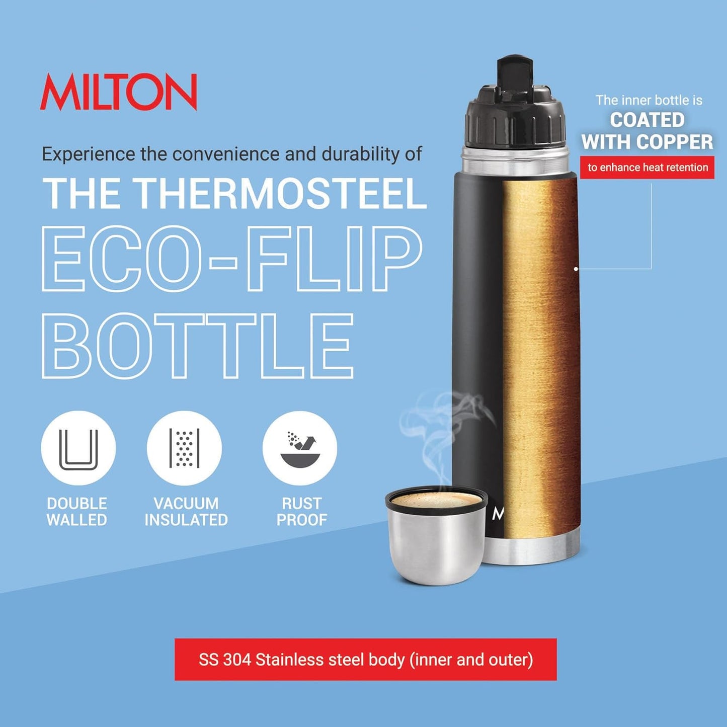 Milton Eco-Flip Thermosteel Double Walled Vacuum Insulated Flask Water Bottle | 1 Pc